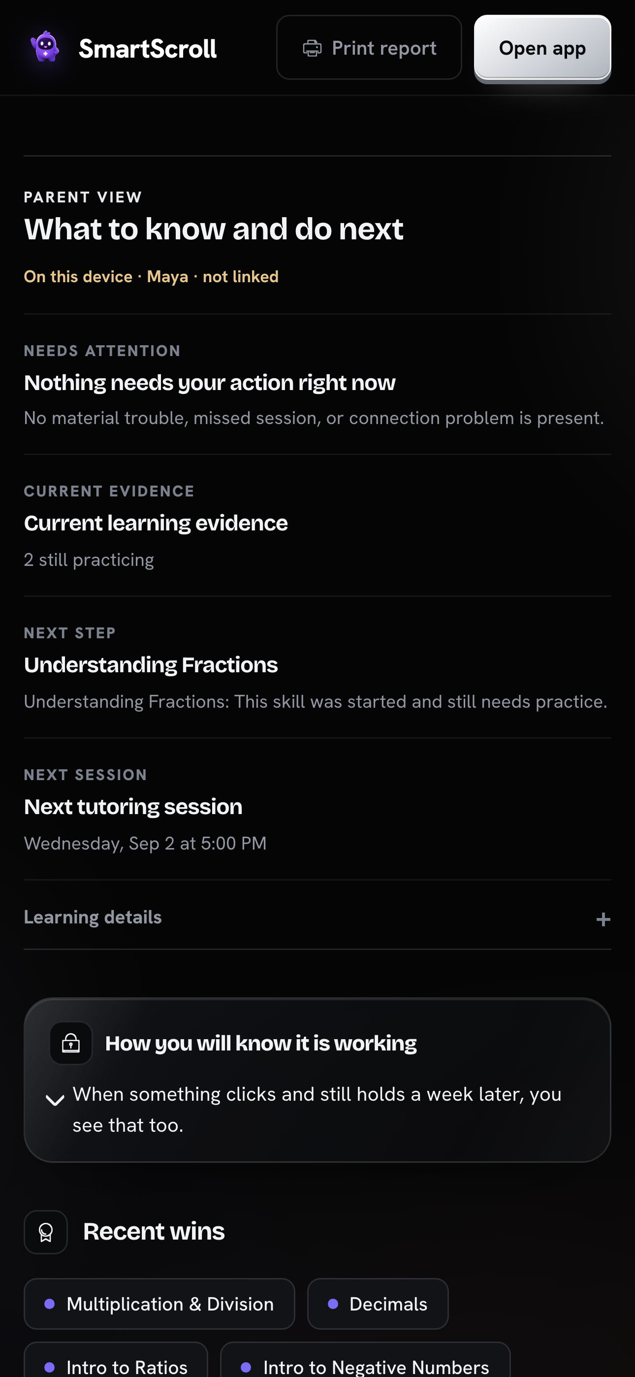 SmartScroll parent learning evidence dashboard