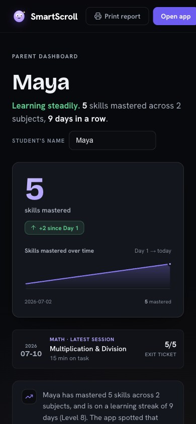 The parent dashboard: skills mastered over time