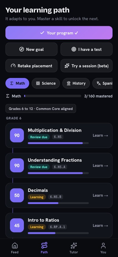 The mastery path: skills to master, by subject